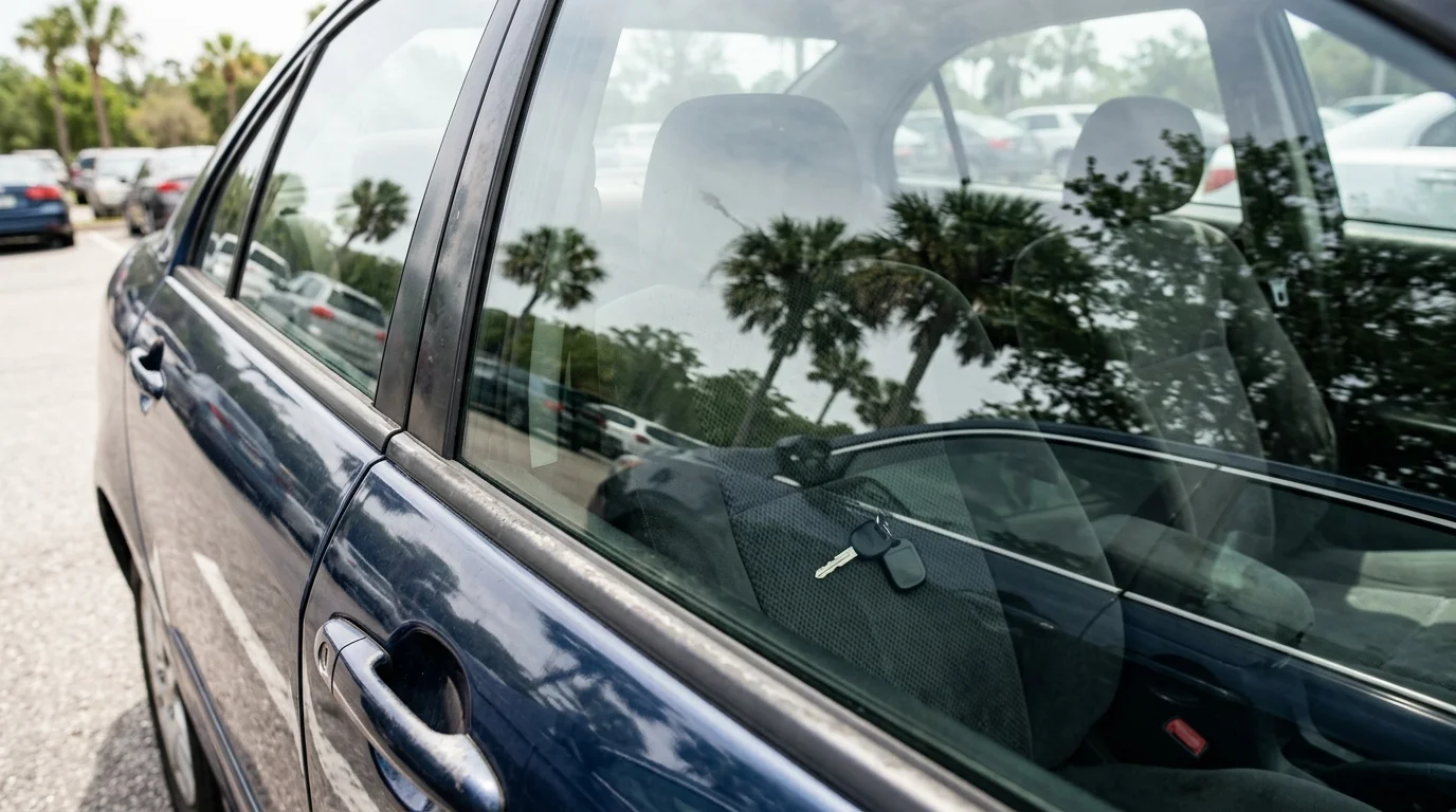 Keys visible on the driver's seat of a locked car in an Orlando car park
