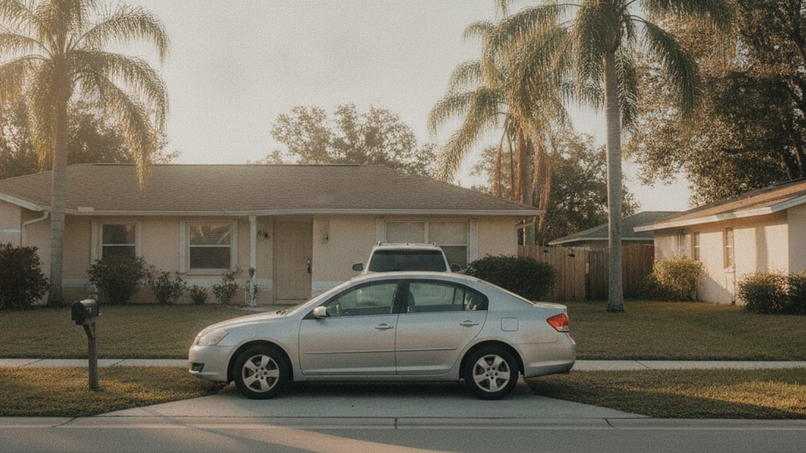 Carro estacionado en la acera bloqueando el final de una entrada en un vecindario del centro de la Florida