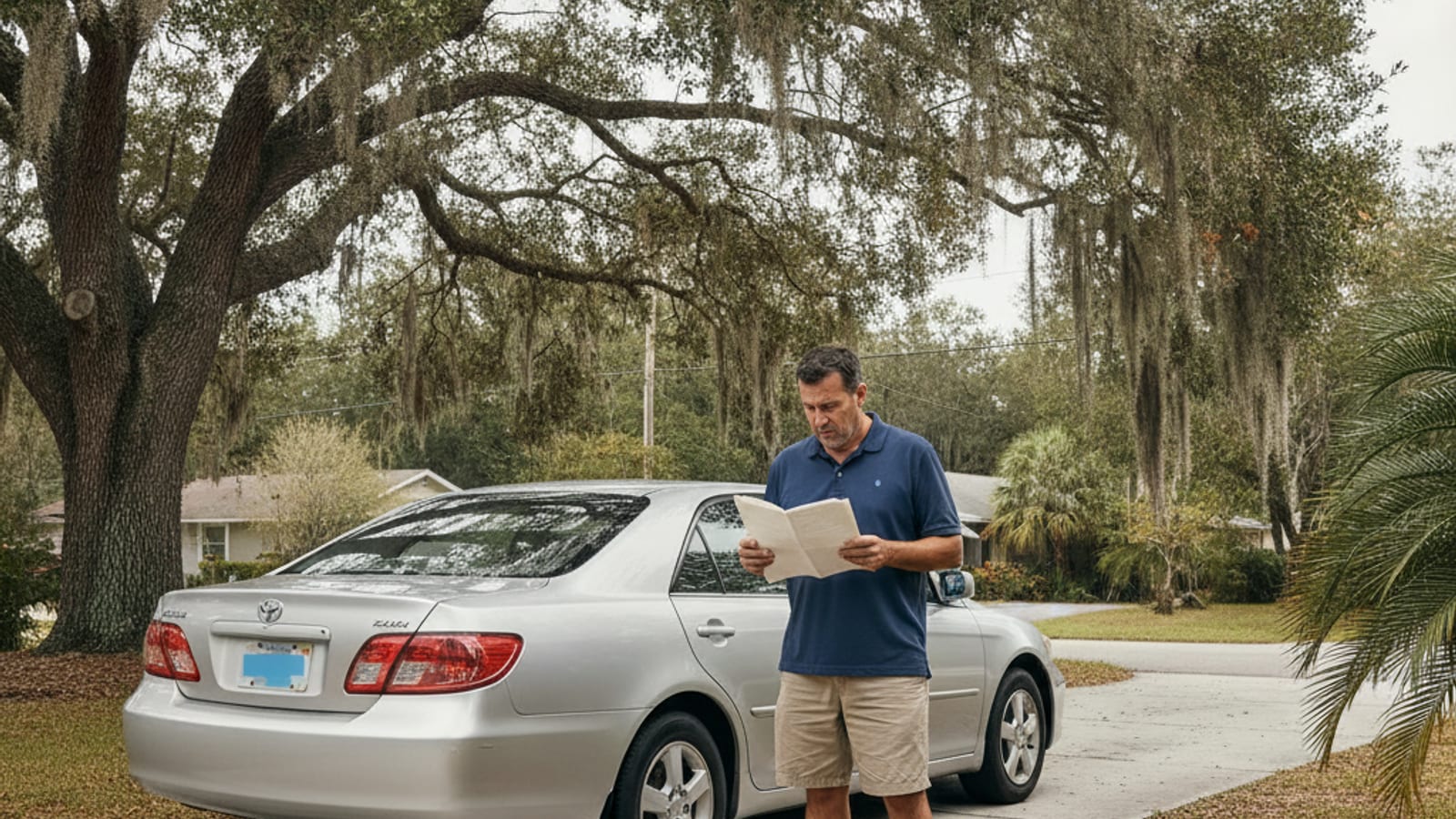 Conductor parado junto a un sedán en una marquesina de la Florida revisando los papeles del registro