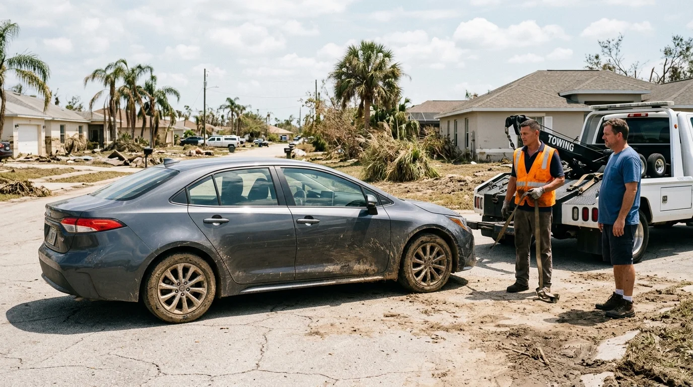 Sedan on dry pavement after Central Florida floodwater receded, with water staining along the lower body