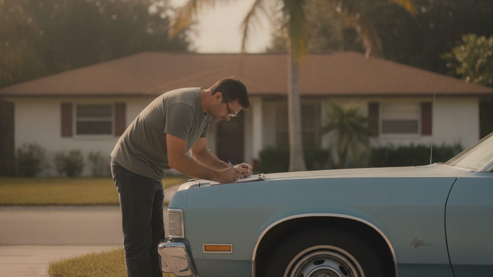 Un título de vehículo firmado y una tablilla de la Florida sobre el capó de un carro junto a un juego de llaves