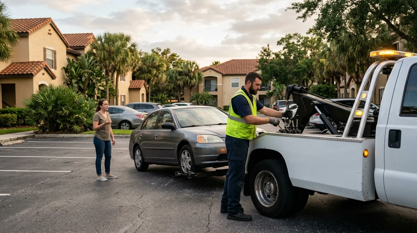 A tow operator lowering a car onto an Orlando parking lot before removing it