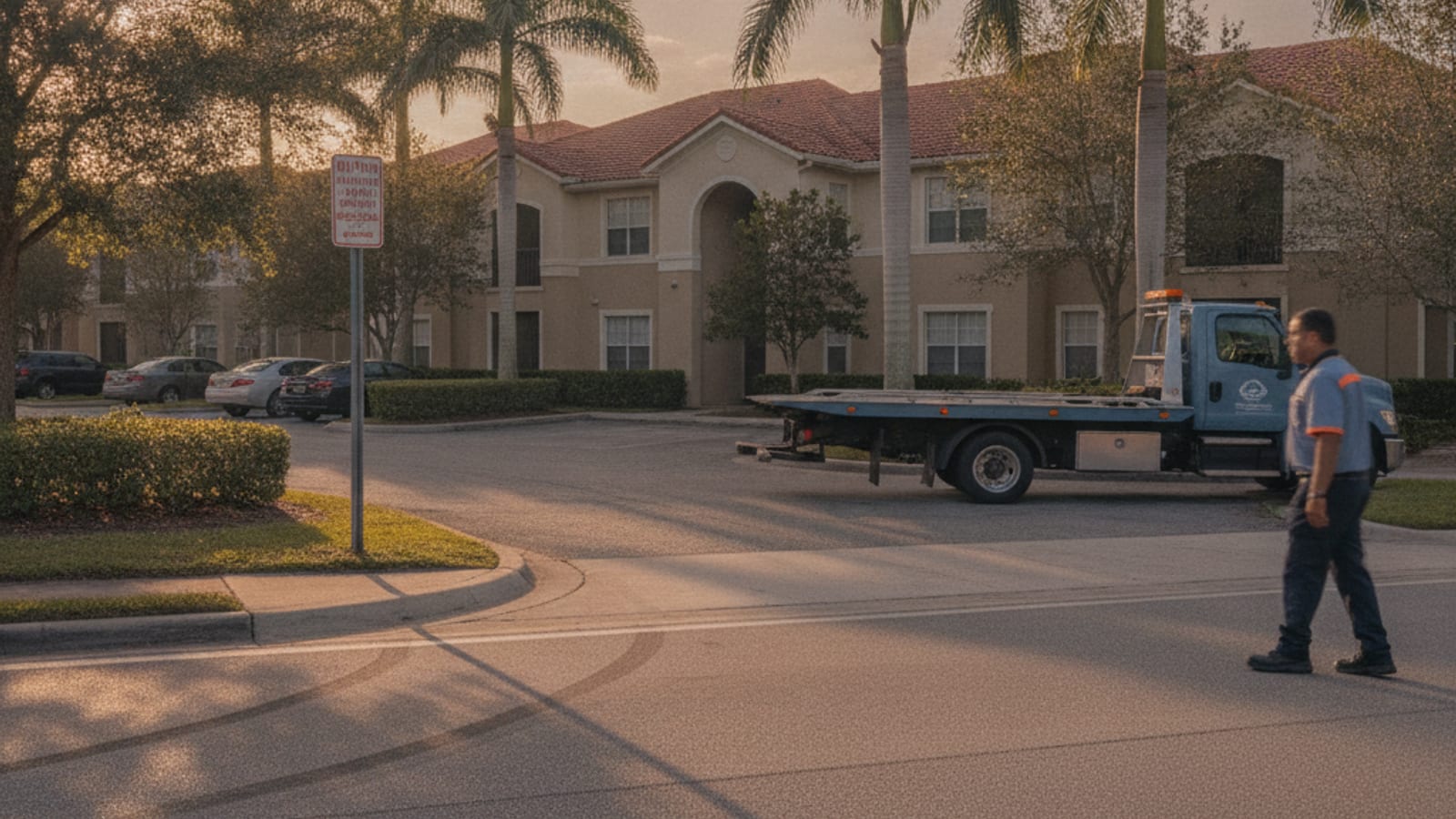 Letrero de zona de remolque puesto en la entrada del parking de un complejo de apartamentos en Orlando