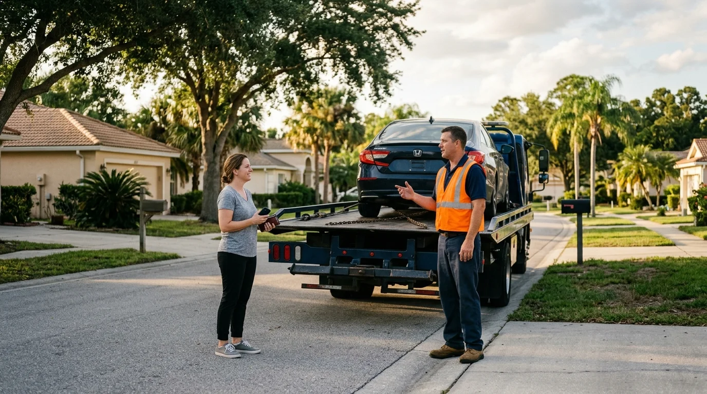 A driver and a tow operator talking beside a loaded flatbed on a Florida street