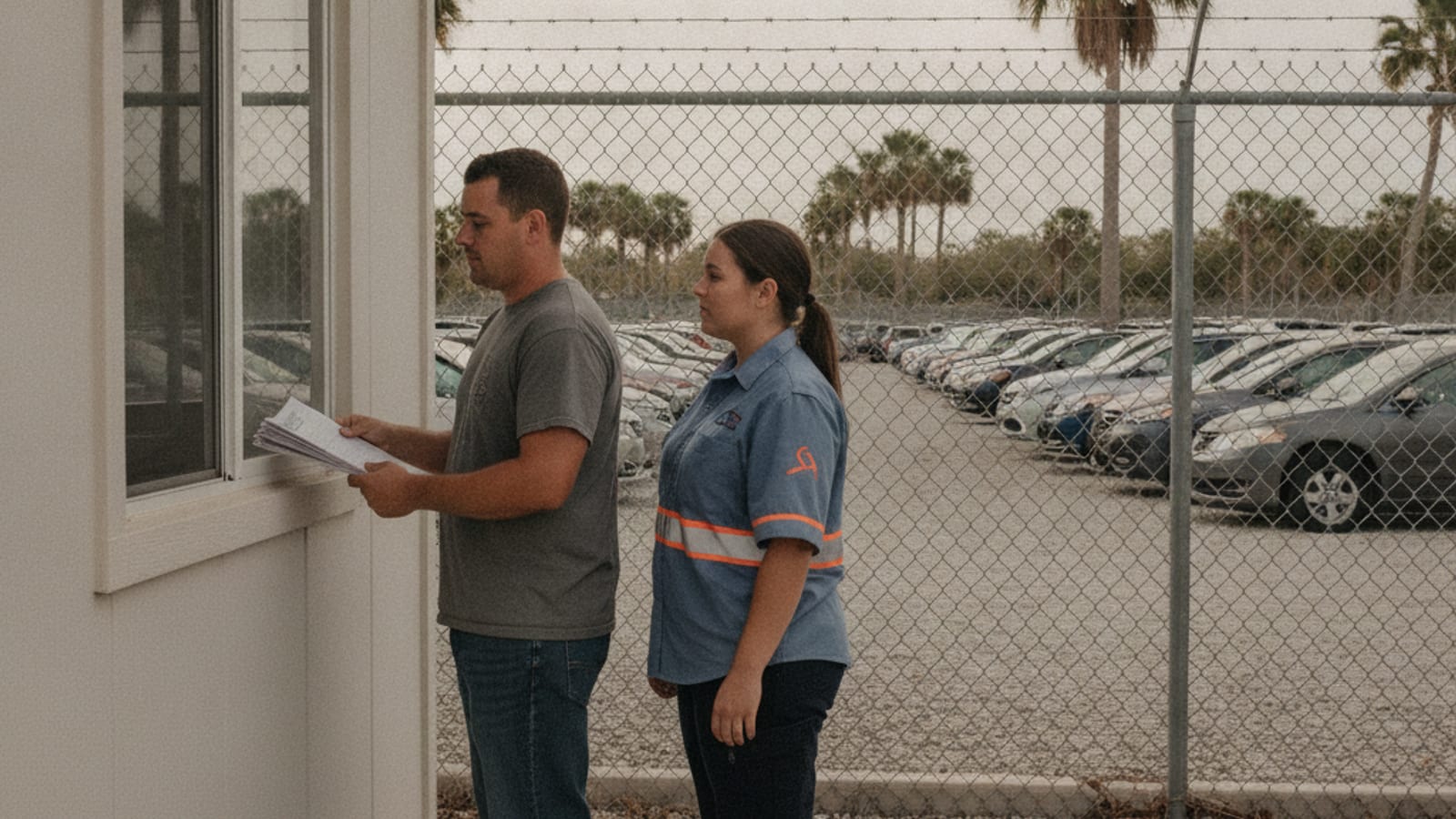 Persona revisando un letrero de información de remolque en un parking