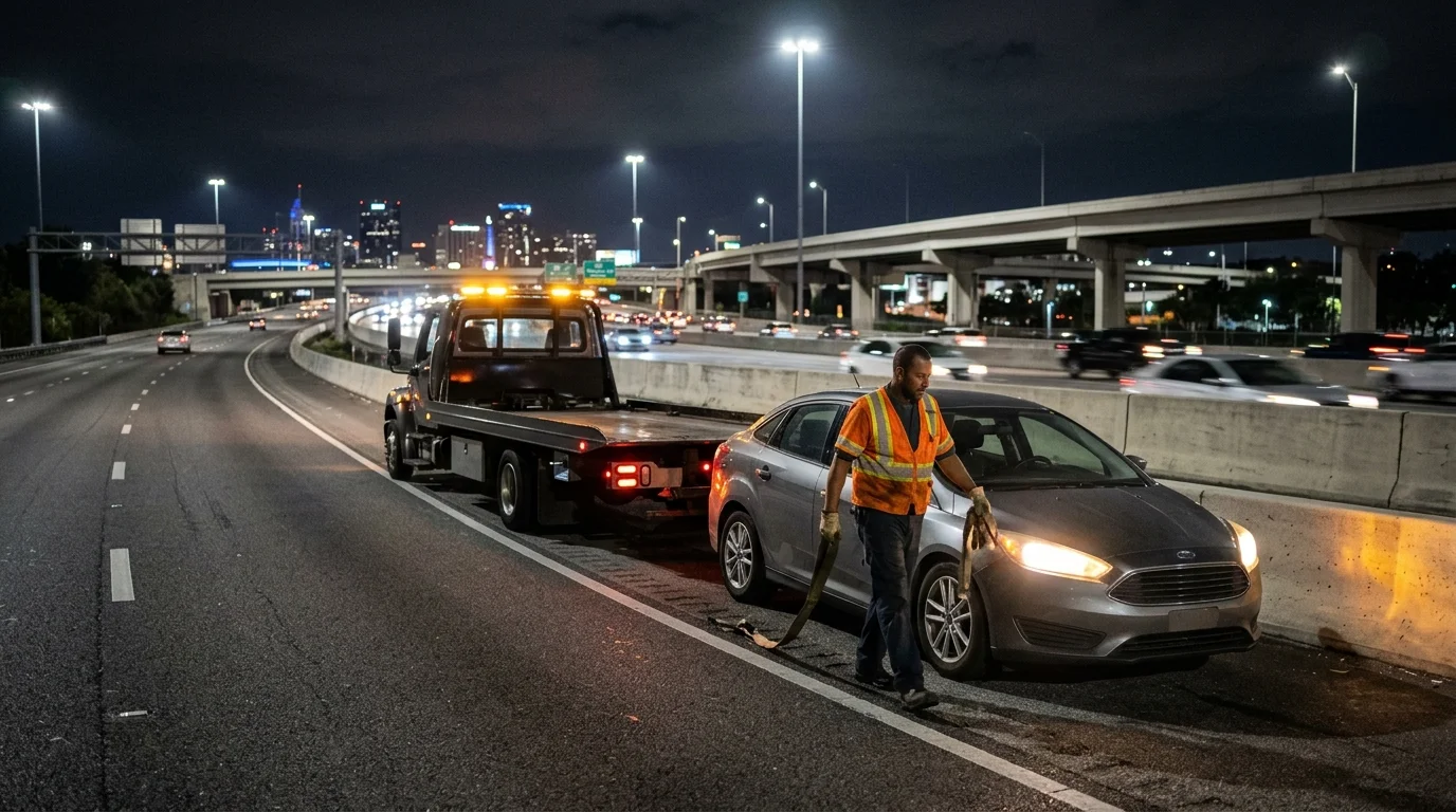 Disabled sedan with hazard lights on an Orlando highway shoulder at night