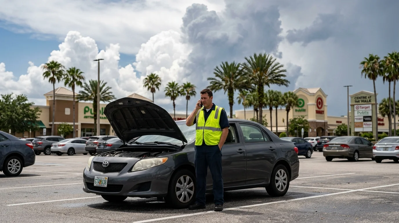 Driver calling for roadside help beside a disabled sedan in an Orlando parking lot