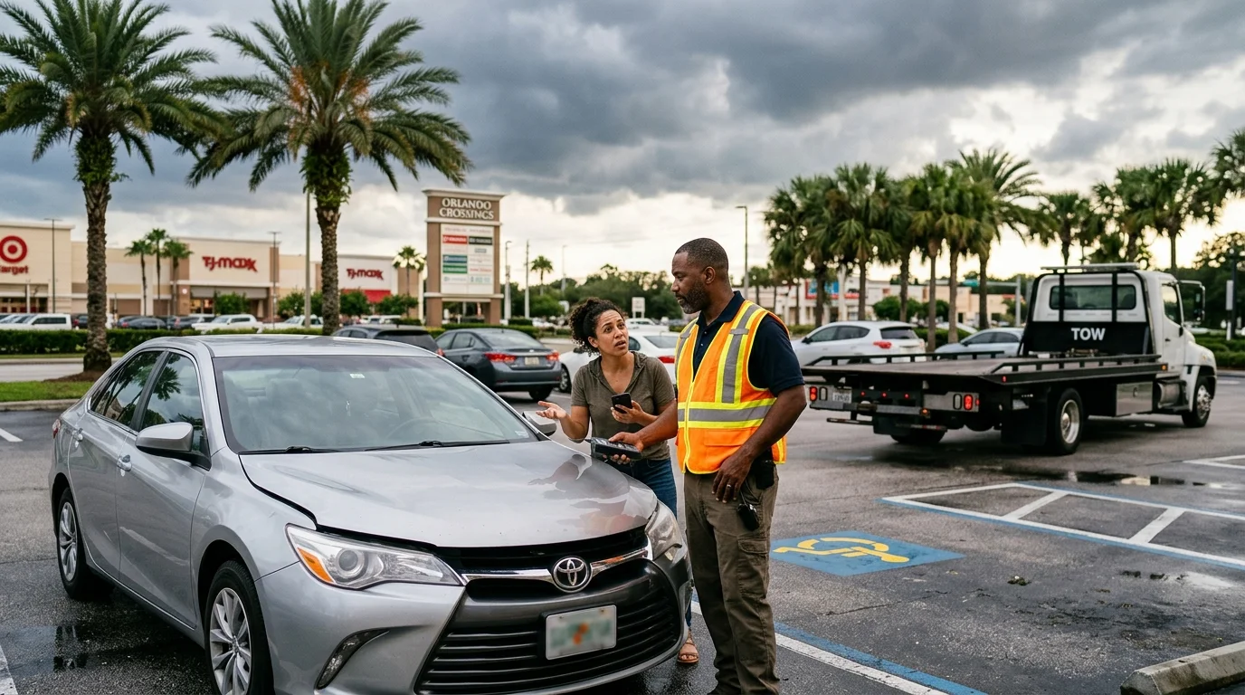 Driver using a phone beside a disabled sedan in an Orlando parking area