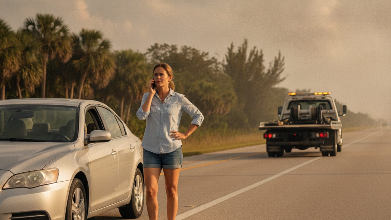 Operador de grúa enganchando un carro en una calle de Orlando al atardecer