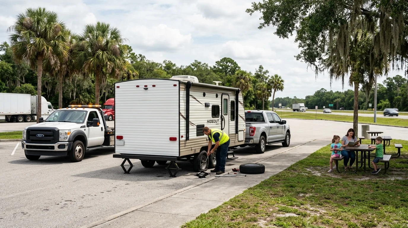 Travel trailer stopped in a Central Florida rest area with a damaged tire while a family waits away from traffic