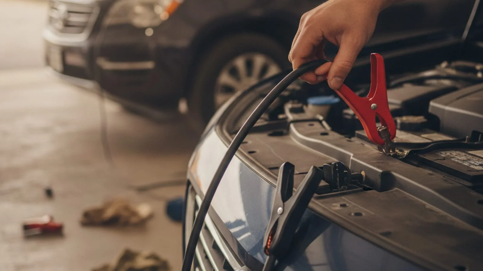 A hand clipping a red jumper cable to a battery terminal under an open bonnet