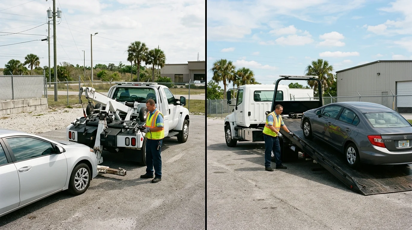 Wheel-lift and flatbed tow trucks parked with ordinary sedans