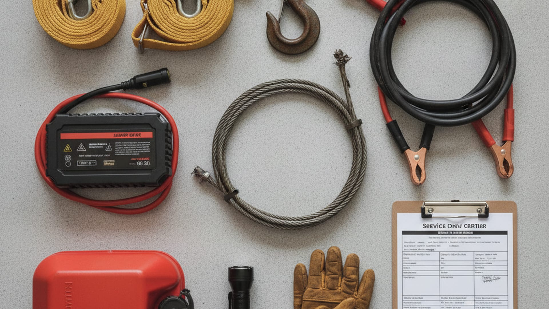 Vista cenital de equipo profesional de grúa: correas para ruedas, cargador de arranque, gancho de cabrestante, cables y formularios de servicio