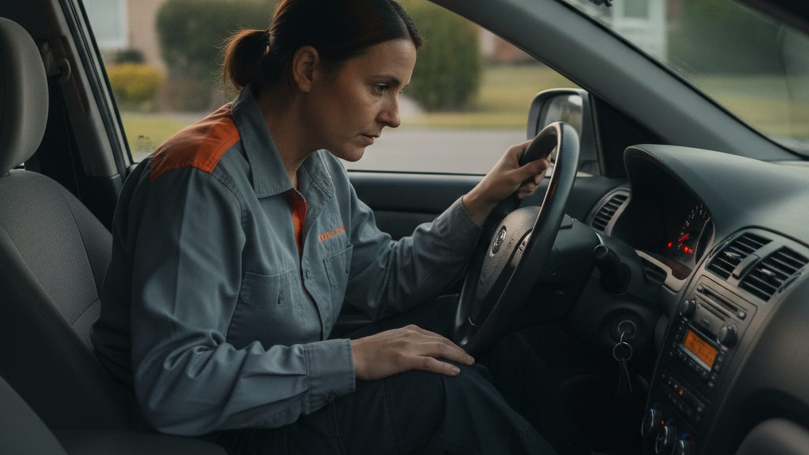 Driver checking dashboard warning lights on a parked car in an Orlando driveway