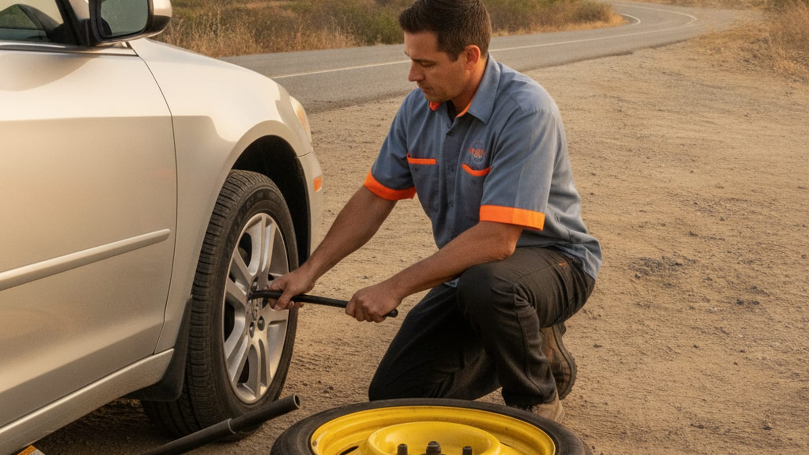 Driver using a lug wrench to loosen wheel bolts on a parked vehicle in a safe pullout area near Orlando