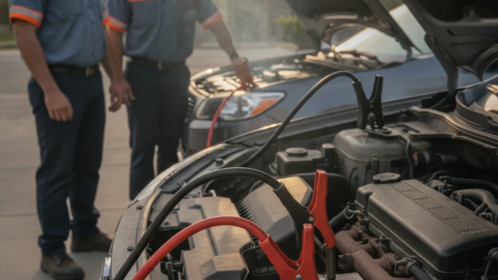 Close-up of jumper cables connected between two car batteries with the donor vehicle running in an Orlando driveway