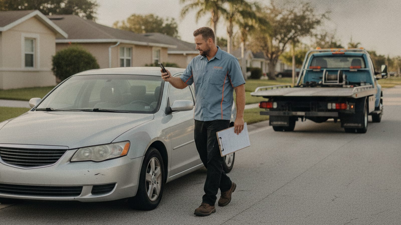 Driver walking around their vehicle making notes before a scheduled tow on an Orlando-area residential street