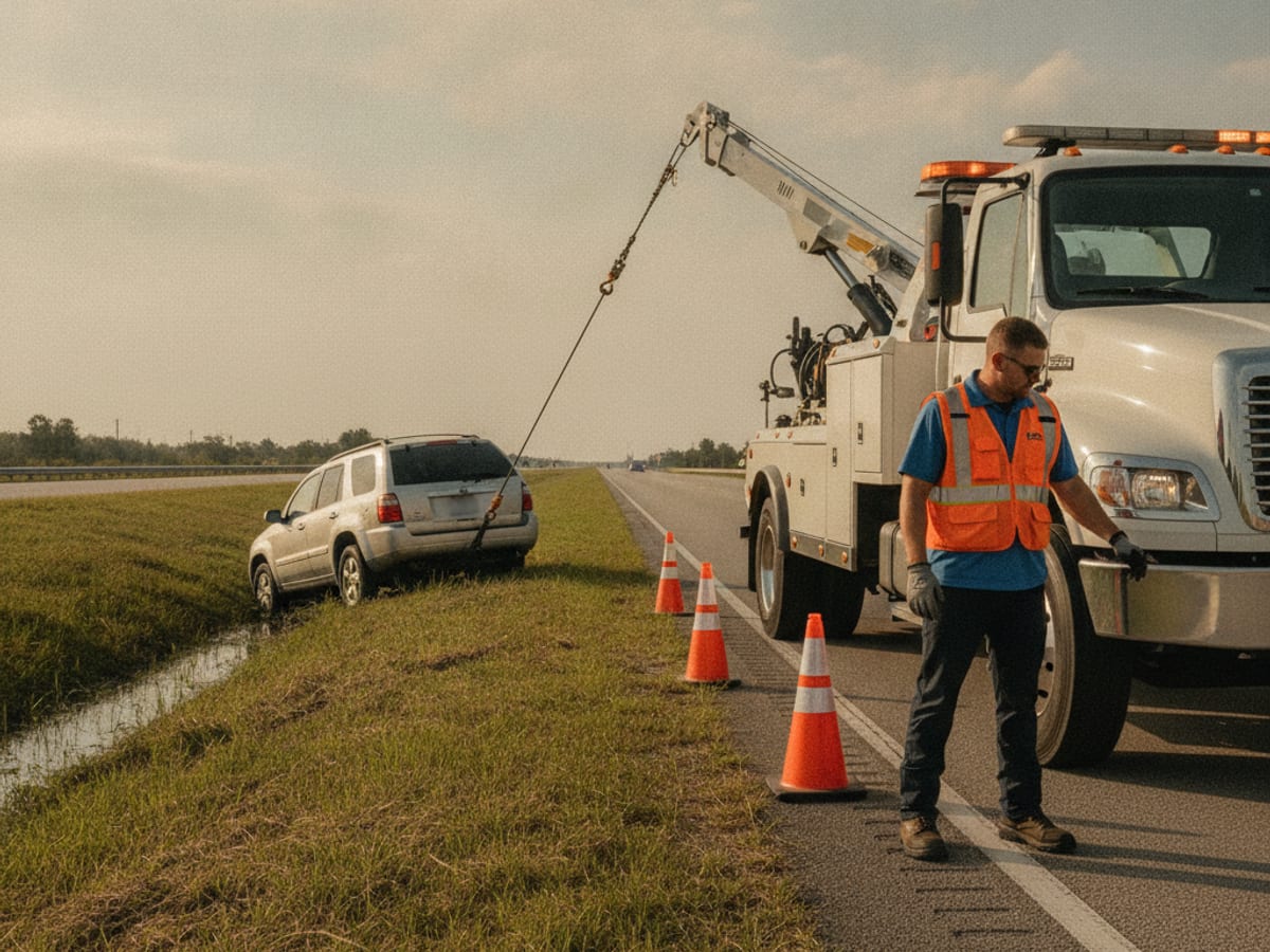 Quick Tow Orlando wrecker winching a stalled SUV out of standing water on an Orlando-area roadway