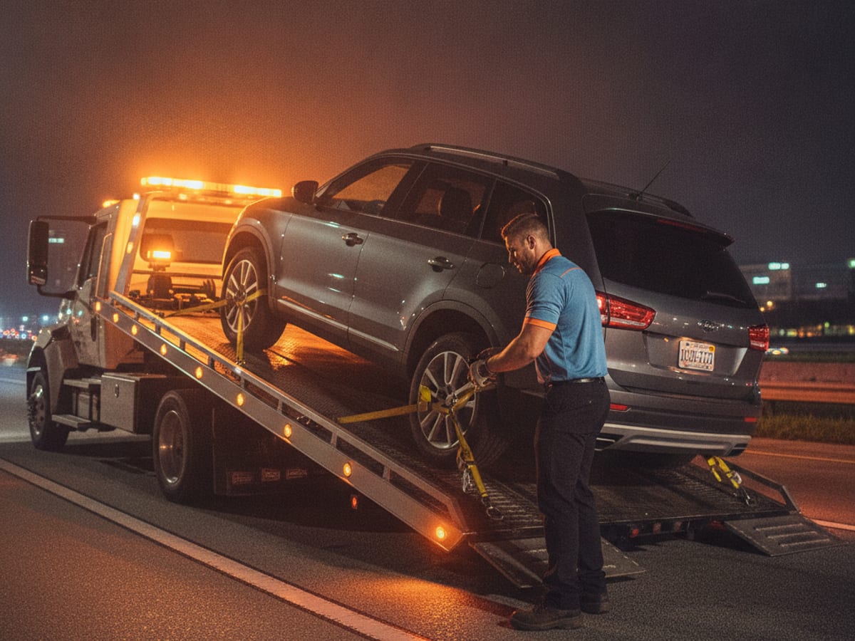 Operador de plataforma de Quick Tow Orlando cargando una SUV averiada en el arcén de la I-4 cerca de Orlando de noche