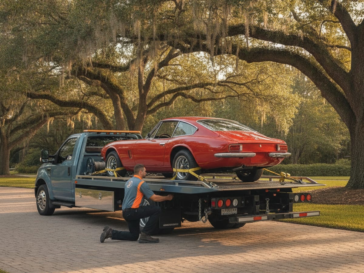 Plataforma de baja altura de Quick Tow Orlando cargando cuidadosamente un Porsche clásico con redes de rueda de correa suave