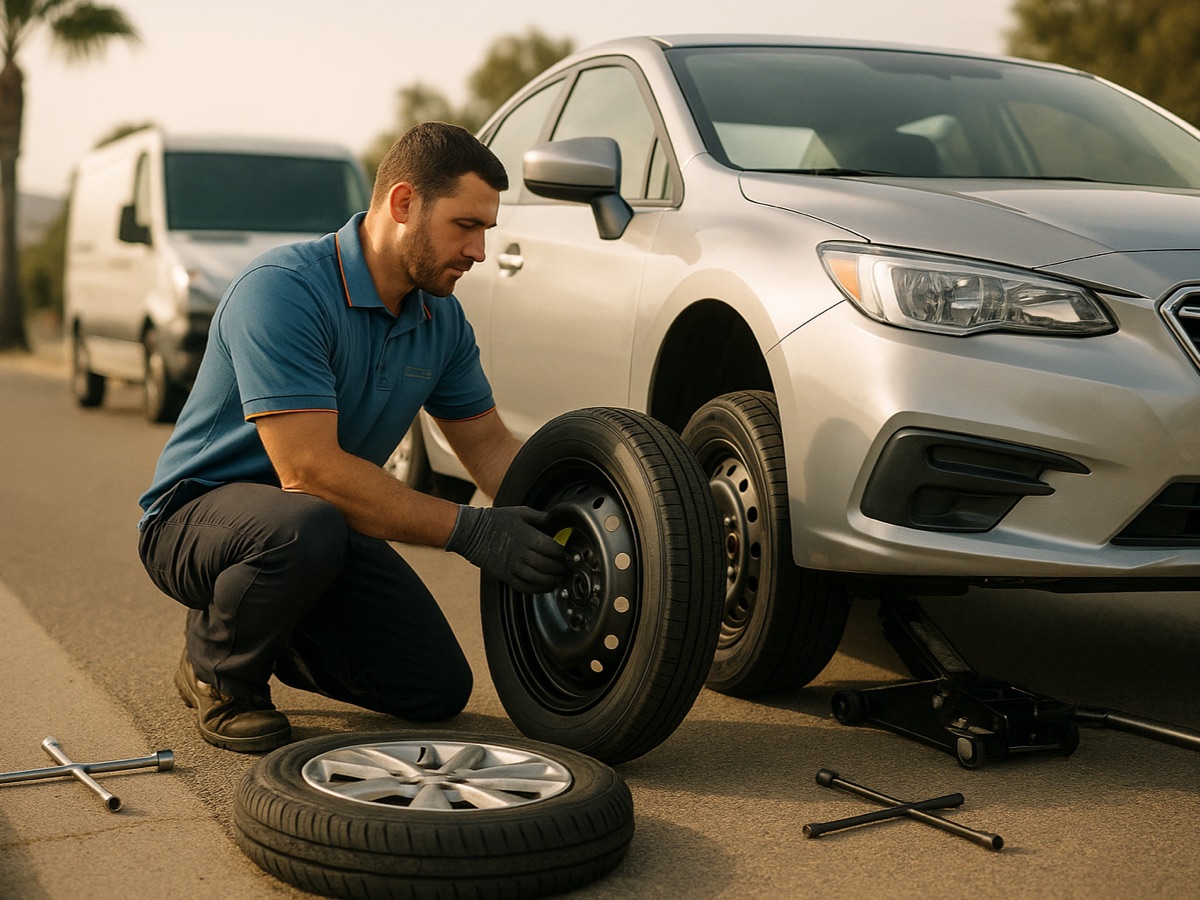 Quick Tow Orlando technician changing a flat tire for the spare on a vehicle pulled onto an Orlando street shoulder