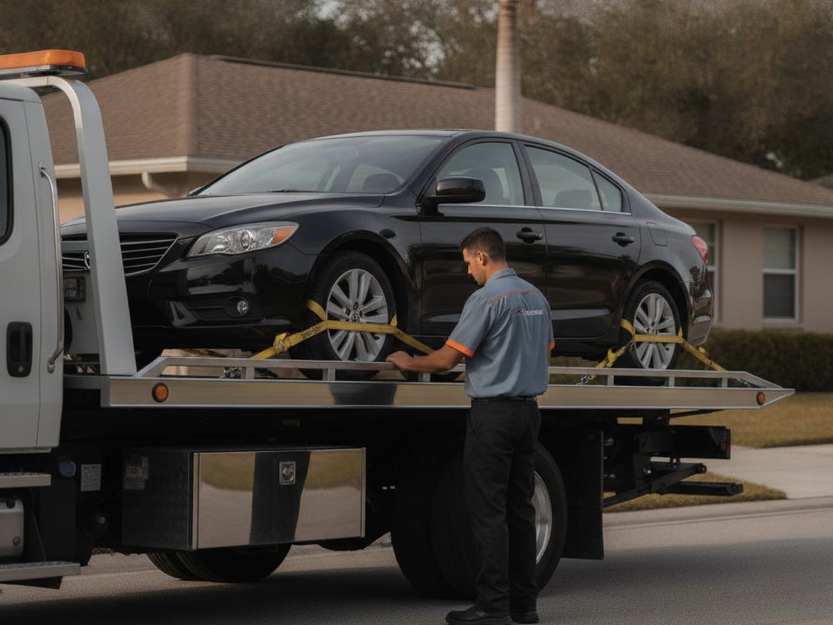 Quick Tow Orlando rollback flatbed loading a Tesla with soft straps on a Winter Park residential street