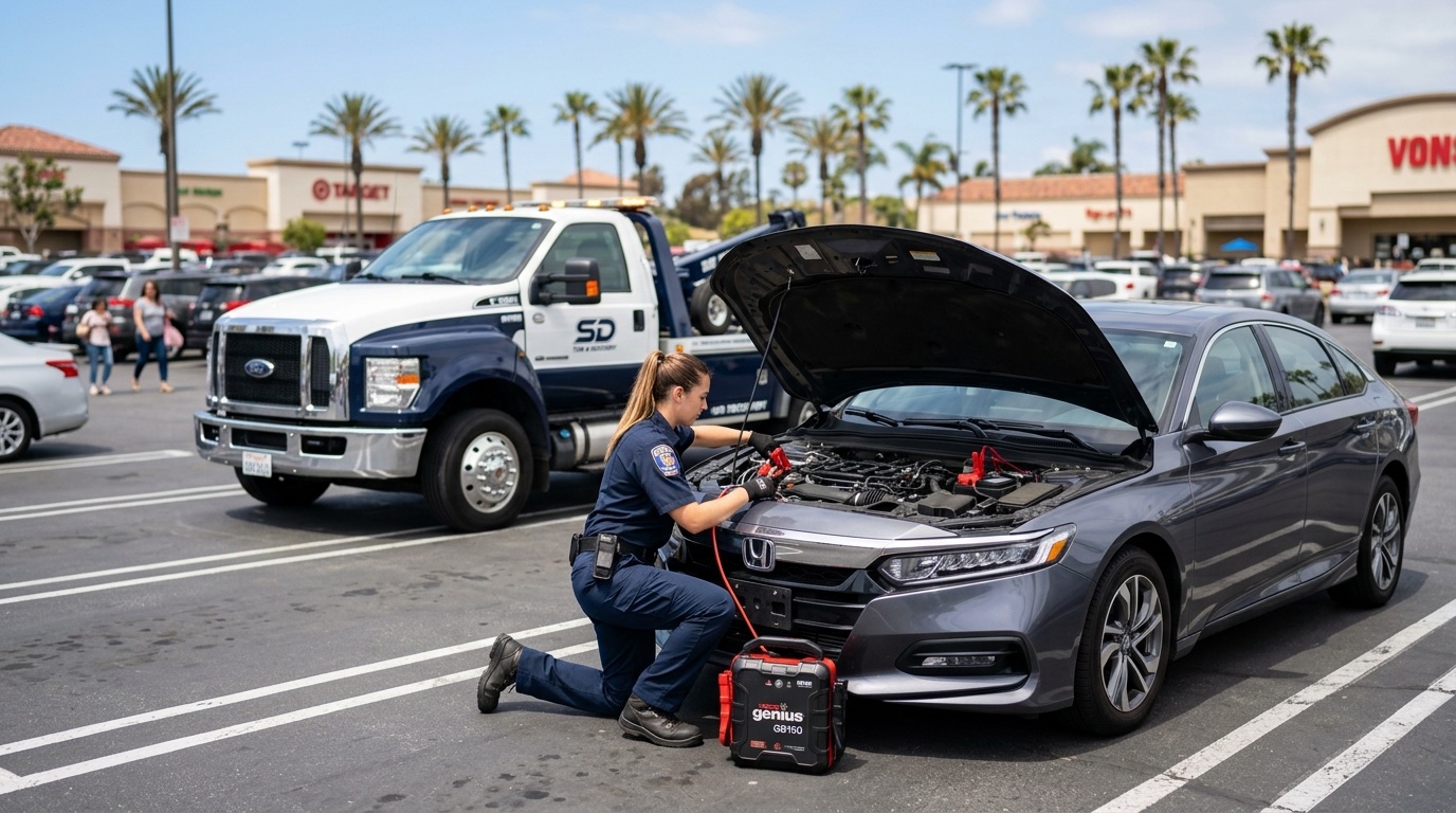 Técnico de Quick Tow Orlando conectando un cargador comercial a una batería muerta en un parking de Orlando durante el día