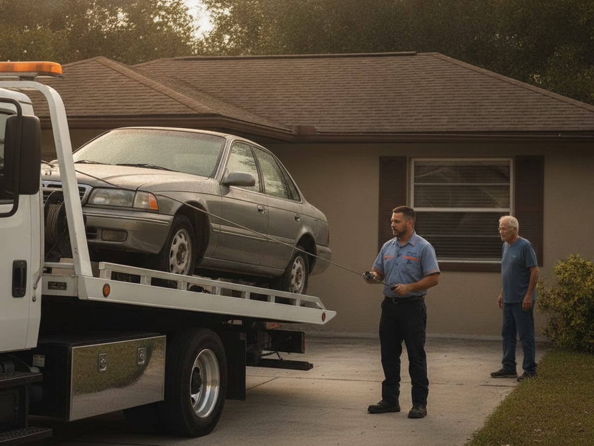 Plataforma de Quick Tow Orlando cargando un sedán que no funciona desde el patio lateral de una residencia del área de Orlando