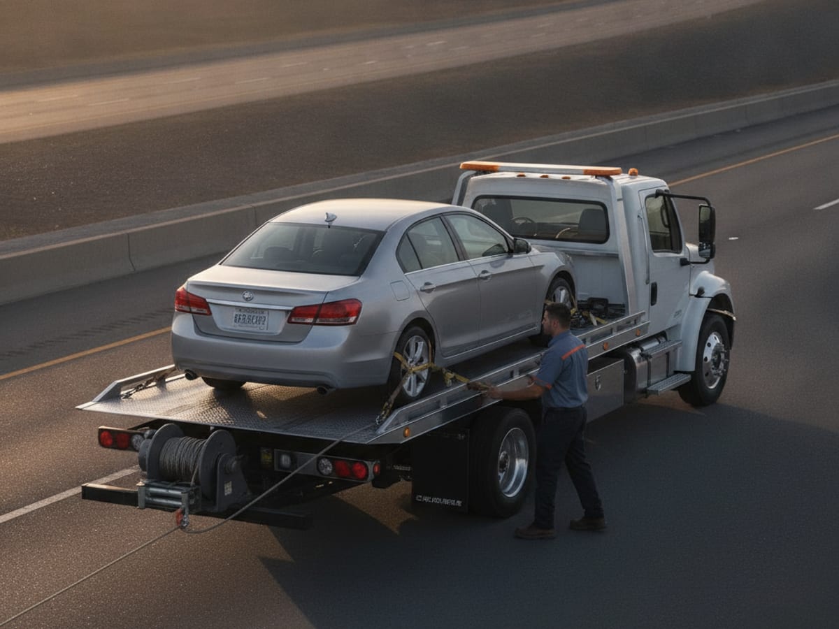 Quick Tow Orlando flatbed driver preparing for a long-distance interstate tow at sunrise