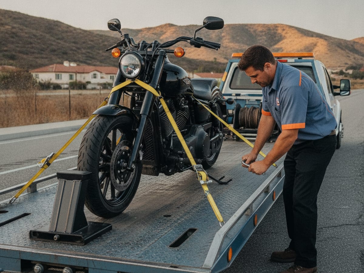 Operador de Quick Tow Orlando asegurando una crucera Harley-Davidson en una plataforma de cubierta baja con correas suaves