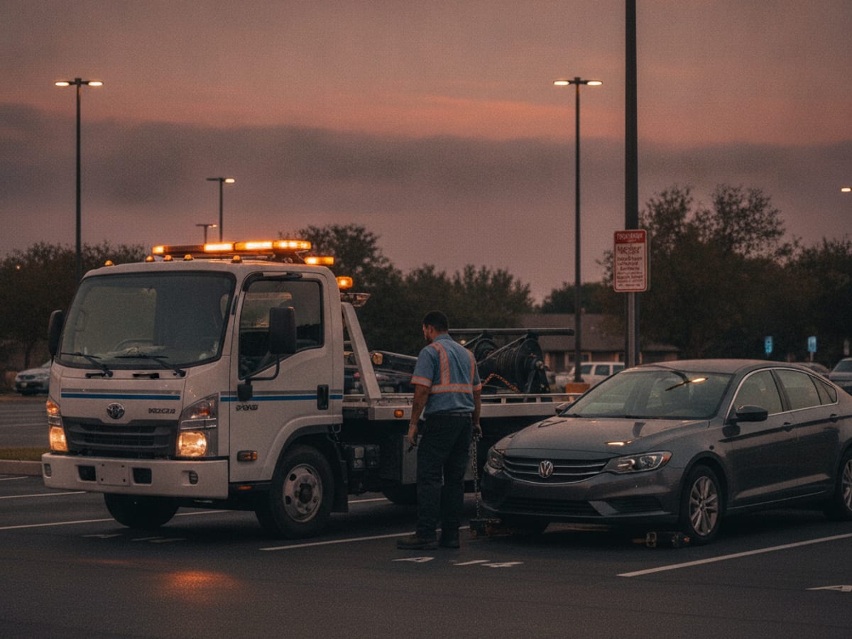 Camión de Quick Tow Orlando trabajando en el parking de un complejo de apartamentos con permiso en Orlando al atardecer