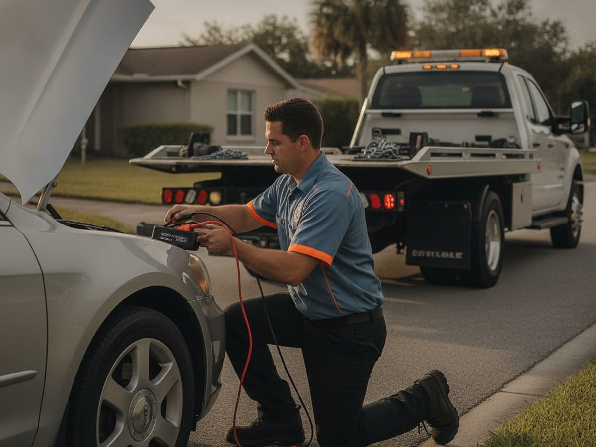 Técnico de Quick Tow Orlando dándole corriente a un carro averiado en una calle residencial del área metro de Orlando