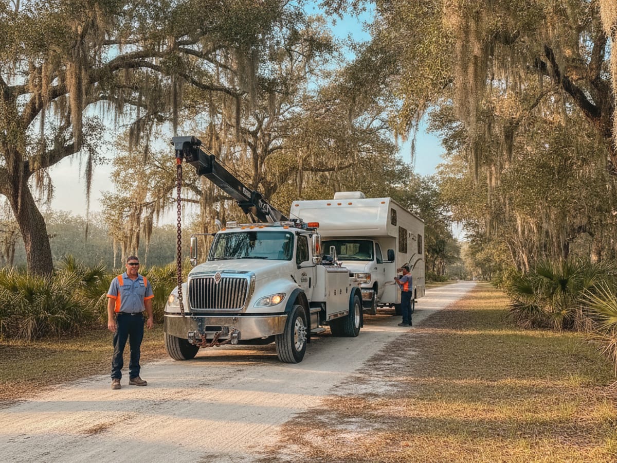 Grúa pesada de Quick Tow Orlando remolcando una casa rodante Clase C desde un campamento cerca de Orlando