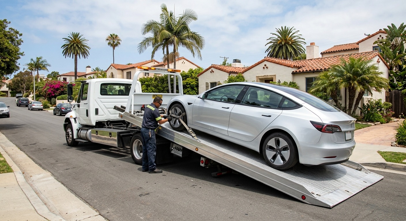 Plataforma de Quick Tow Orlando cargando un Tesla Model 3 con correas suaves en un camino de entrada en Winter Park, puerto de carga cerrado y Modo Transporte activado