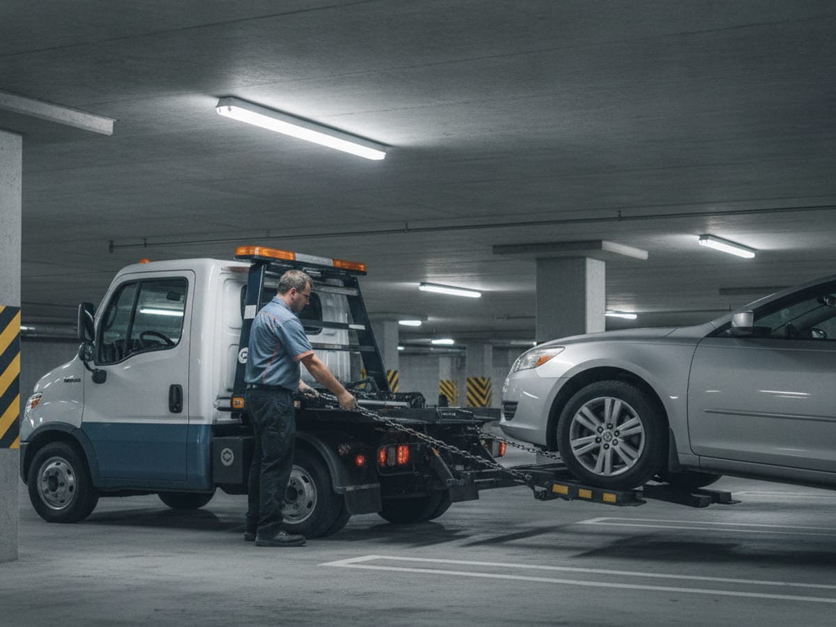 Camión de horquilla de Quick Tow Orlando enganchando un sedán Honda en un garaje del downtown de Orlando